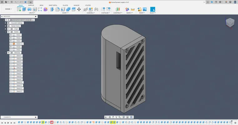 CAD design for a power supply case in Fusion 360